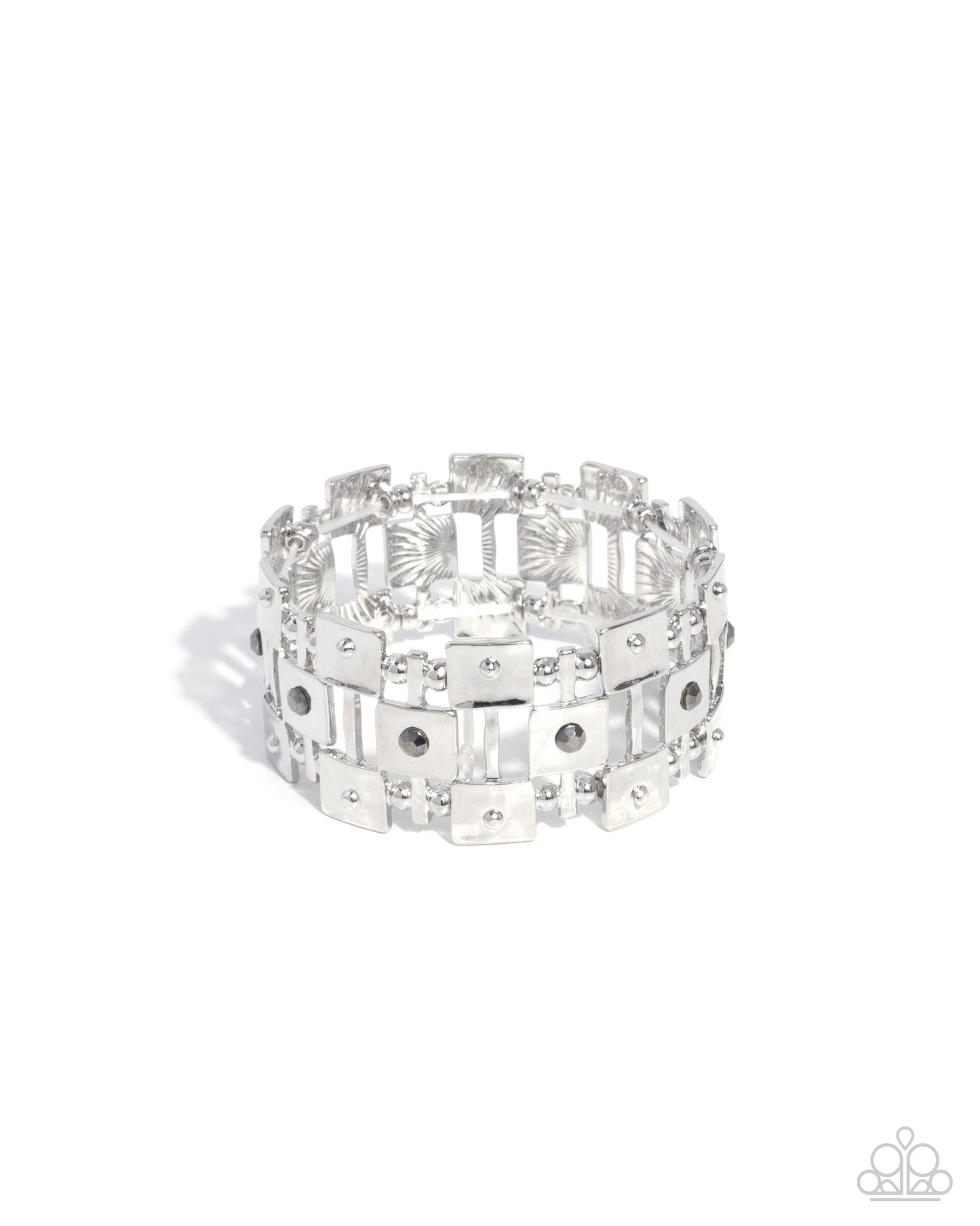 Puzzling Persistence - Silver Squares, Silver Studs, Hematite Rhinestones Paparazzi Stretch Bracelet