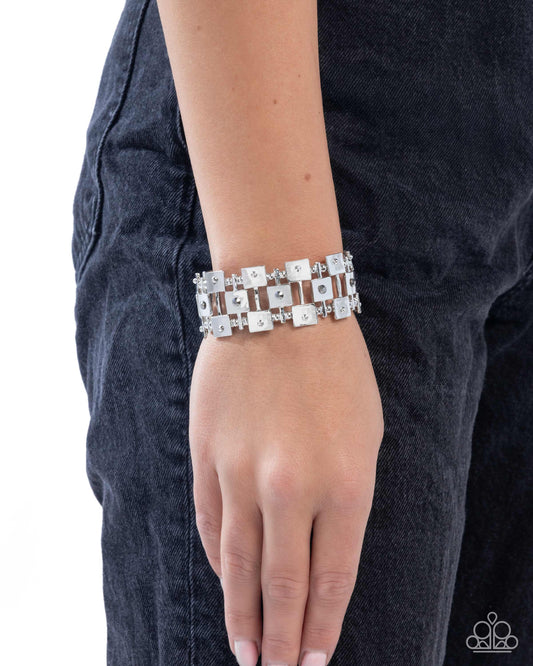 Puzzling Persistence - Silver Squares, Silver Studs, Hematite Rhinestones Paparazzi Stretch Bracelet