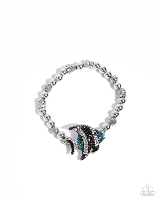 Admirable Angelfish - Blue, Black, & White Rhinestone Angelfish/Silver Beaded Paparazzi Stretch Bracelet