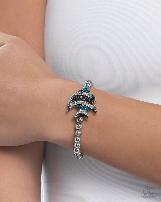 Admirable Angelfish - Blue, Black, & White Rhinestone Angelfish/Silver Beaded Paparazzi Stretch Bracelet