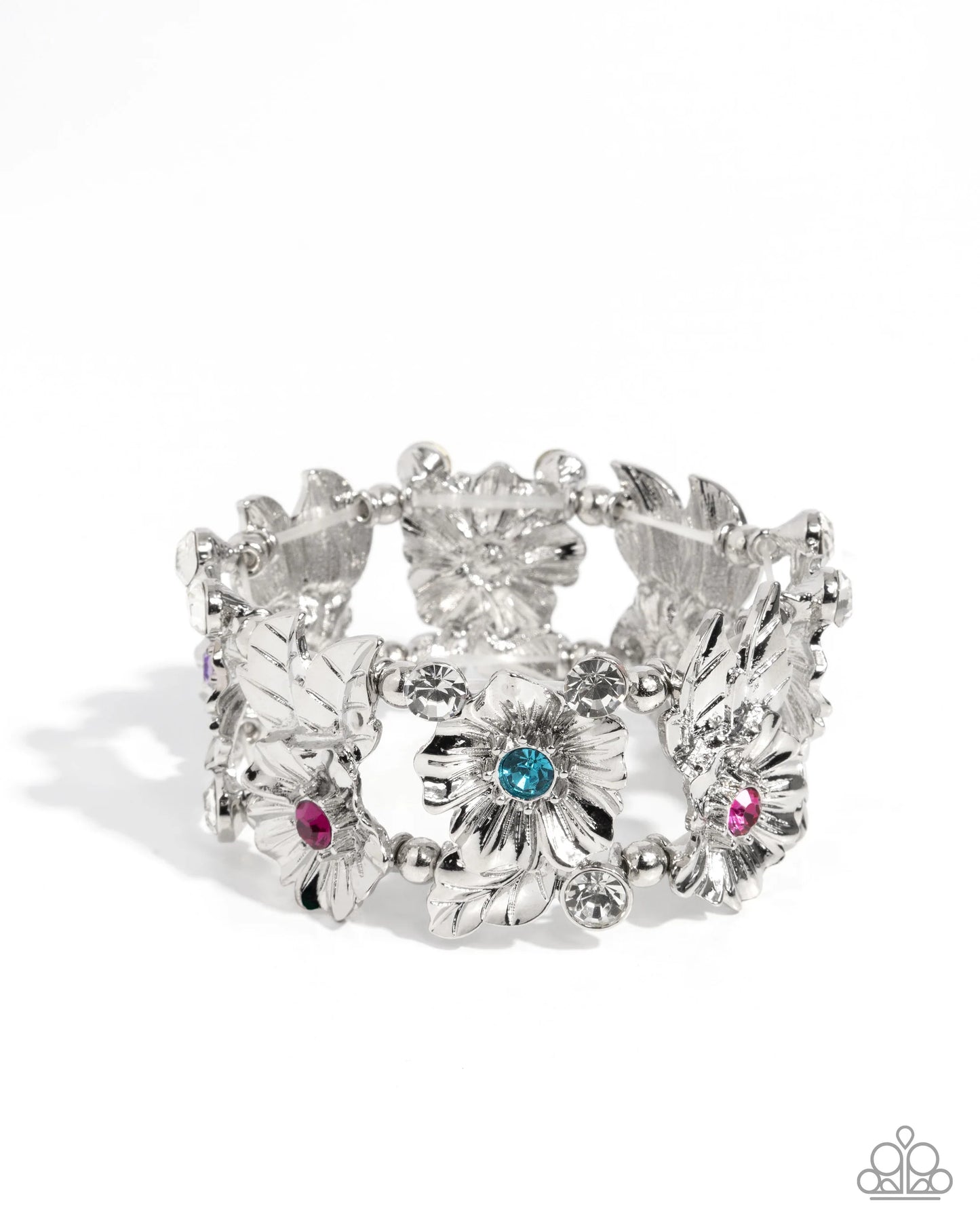 Head-Turning Harmony - Multicolored Rhinestones & Silver Flowers Paparazzi Stretch Bracelet