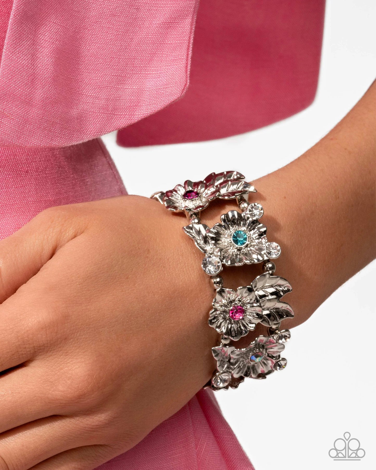 Head-Turning Harmony - Multicolored Rhinestones & Silver Flowers Paparazzi Stretch Bracelet