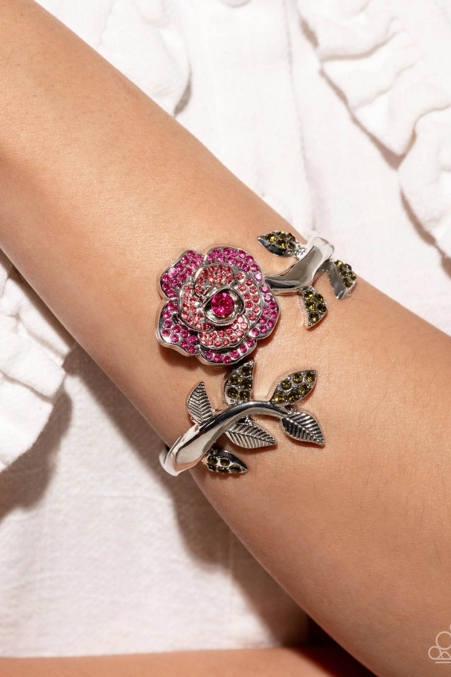 Bewitching Belle - Pink Rhinestone Rose & Green Rhinestone Leaves Paparazzi Hinge Bracelet