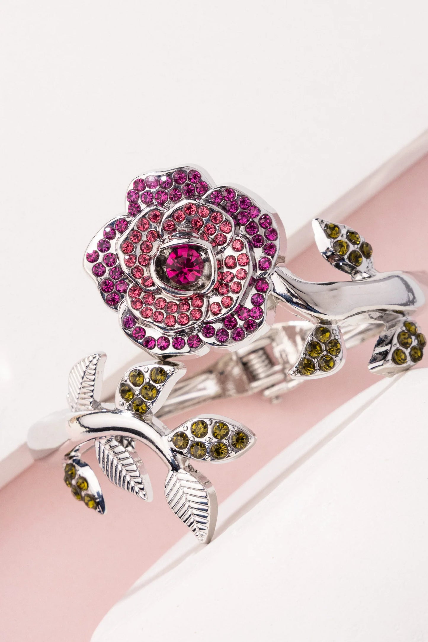 Bewitching Belle - Pink Rhinestone Rose & Green Rhinestone Leaves Paparazzi Hinge Bracelet