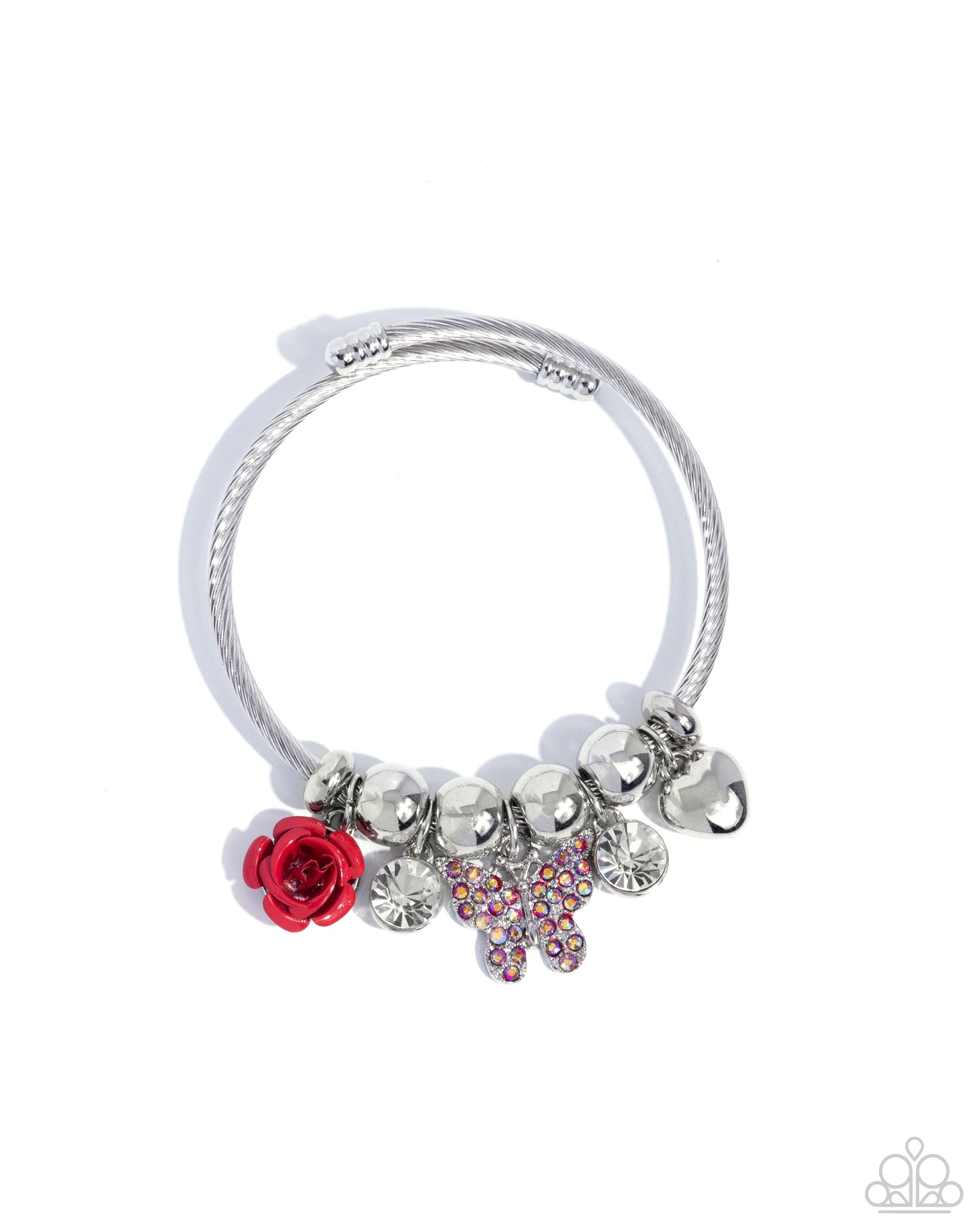 Windblown Whimsy - Red Rose Red Rhinestone Butterfly, Silver Heart Charm Paparazzi Bracelet