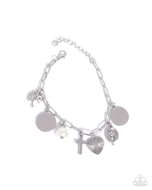 Charm Commitment - White Pearl, Starburst Heart, Silver Cross Charms Paparazzi Bracelet