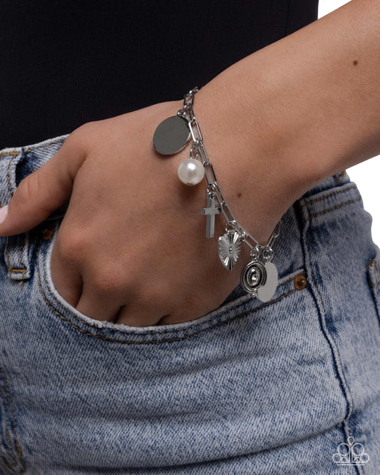 Charm Commitment - White Pearl, Starburst Heart, Silver Cross Charms Paparazzi Bracelet