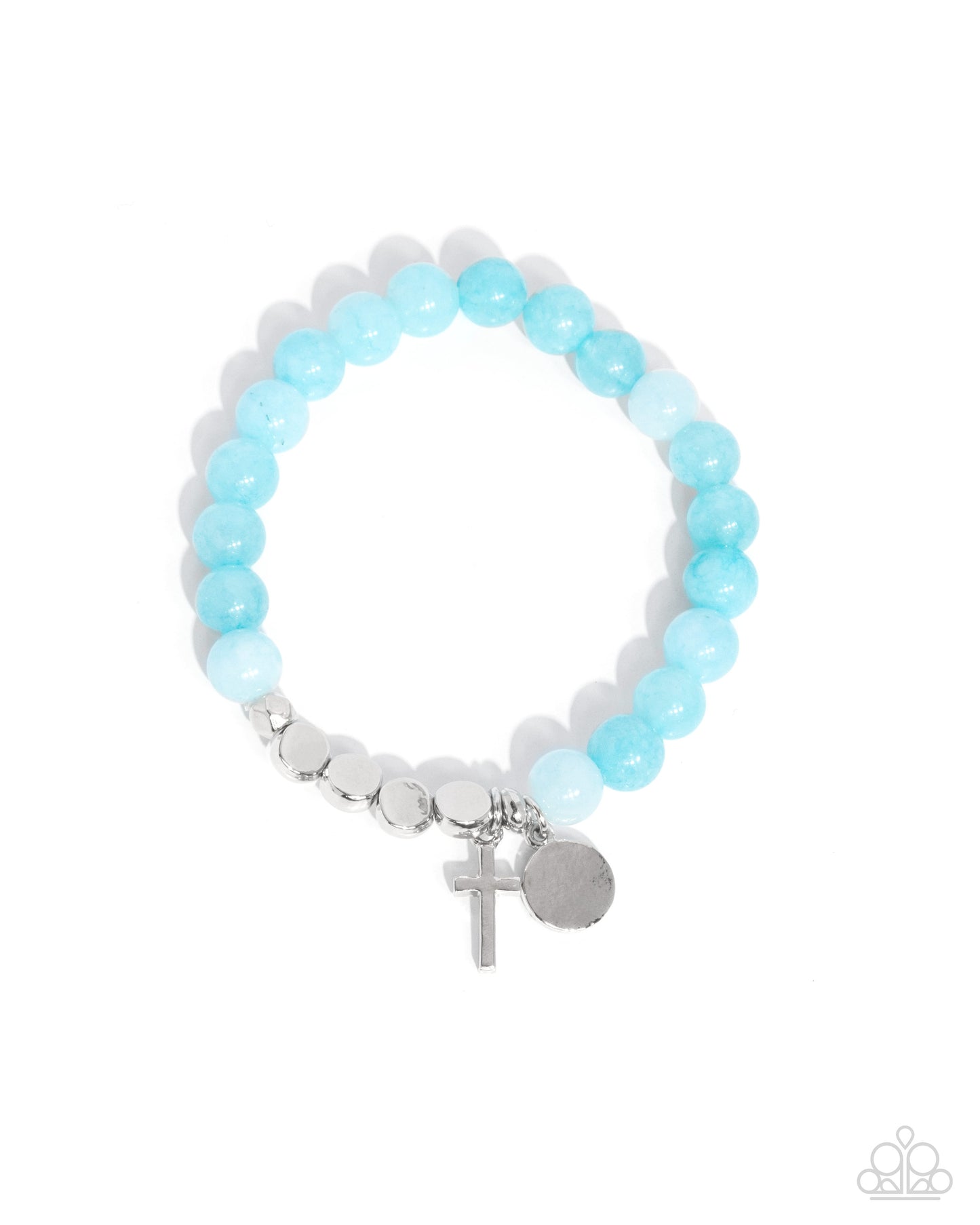 Devout Debut - Blue Stone Beads, Silver Discs, Dainty Cross Paparazzi Stretch Bracelet