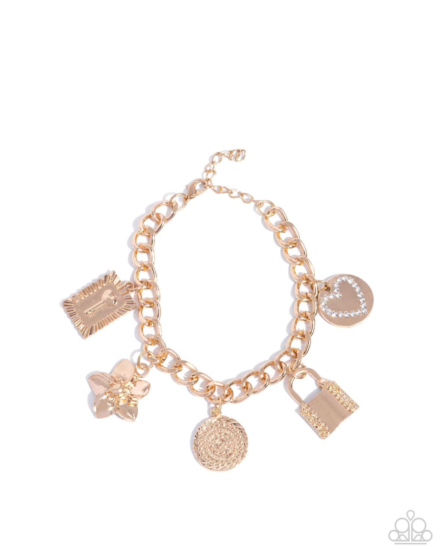 Monochromatic Mayhem - Gold Flower, Circular Disc, Heart, & Padlock Charm Paparazzi Tennis Bracelet