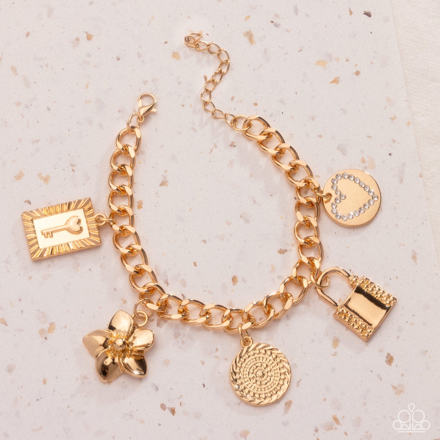 Monochromatic Mayhem - Gold Flower, Circular Disc, Heart, & Padlock Charm Paparazzi Tennis Bracelet