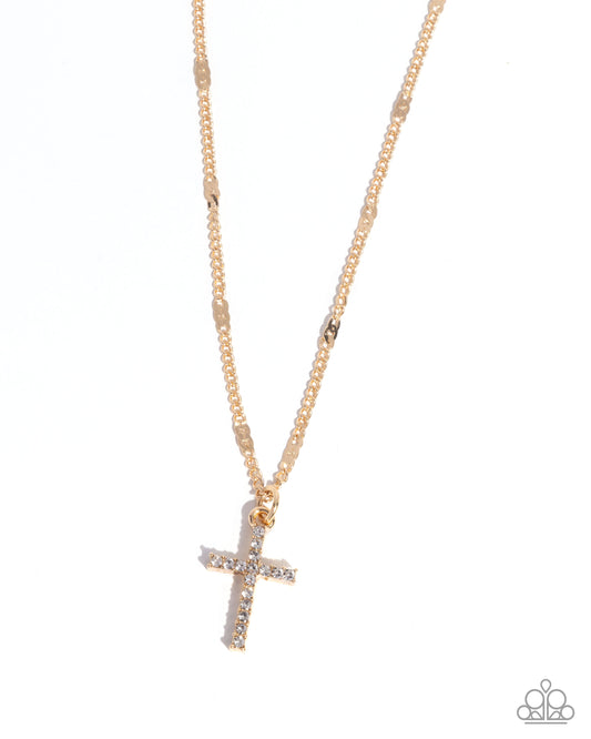 Endless Faith - Gold Cross/White Rhinestones Pendant Paparazzi Necklace & matching earrings
