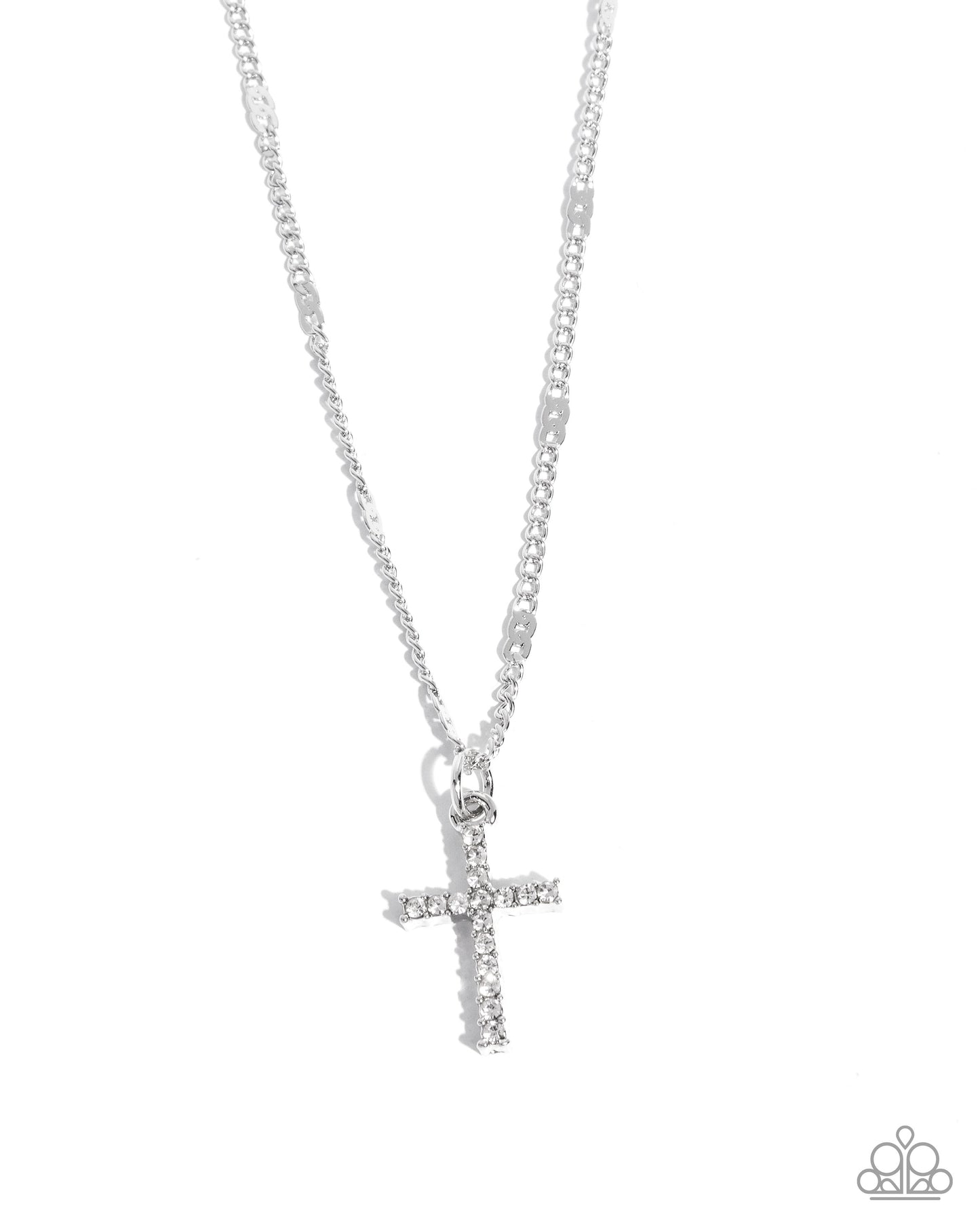 Endless Faith - White Dainty Rhinestone Embellished Silver Cross Pendant Paparazzi Necklace & matching earrings