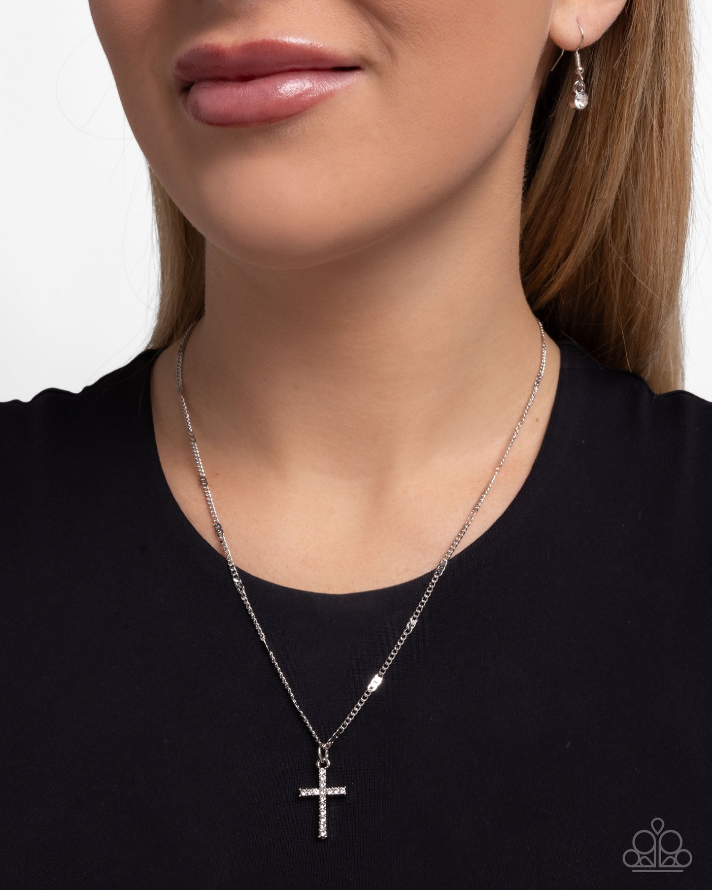 Endless Faith - White Dainty Rhinestone Embellished Silver Cross Pendant Paparazzi Necklace & matching earrings