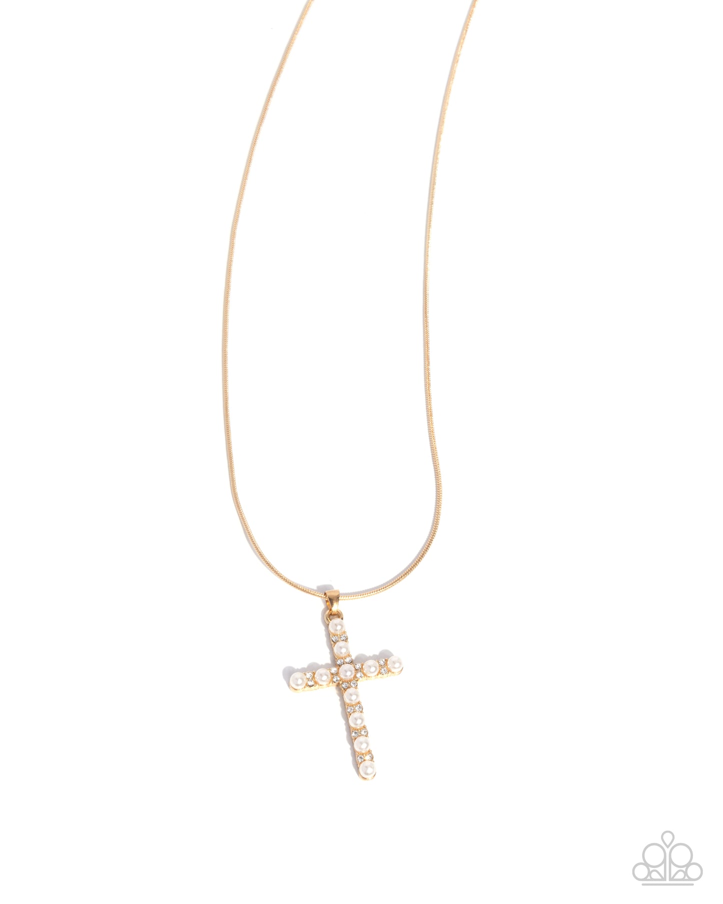 Holy Harmony - Gold/White Pearl Cross Pendant Paparazzi Necklace & matching earrings