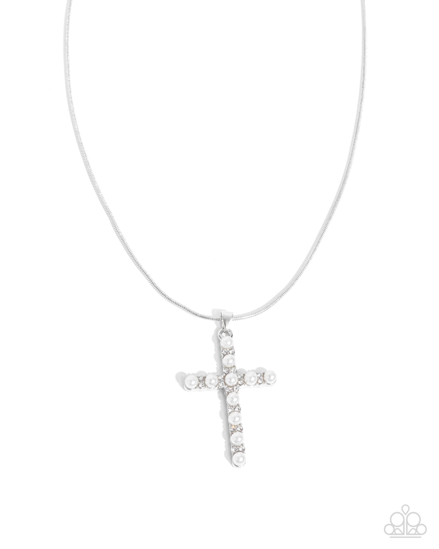 Holy Harmony - White Pearls/Silver Cross Pendant Paparazzi Necklace & matching earrings