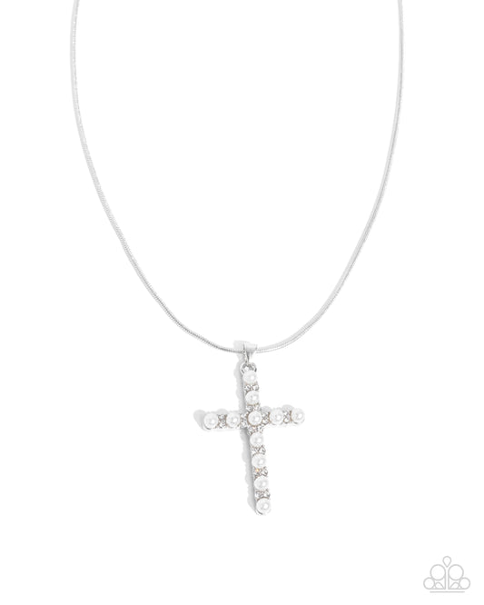 Holy Harmony - White Pearls/Silver Cross Pendant Paparazzi Necklace & matching earrings