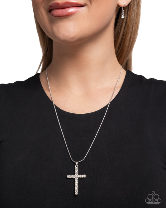 Holy Harmony - White Pearls/Silver Cross Pendant Paparazzi Necklace & matching earrings
