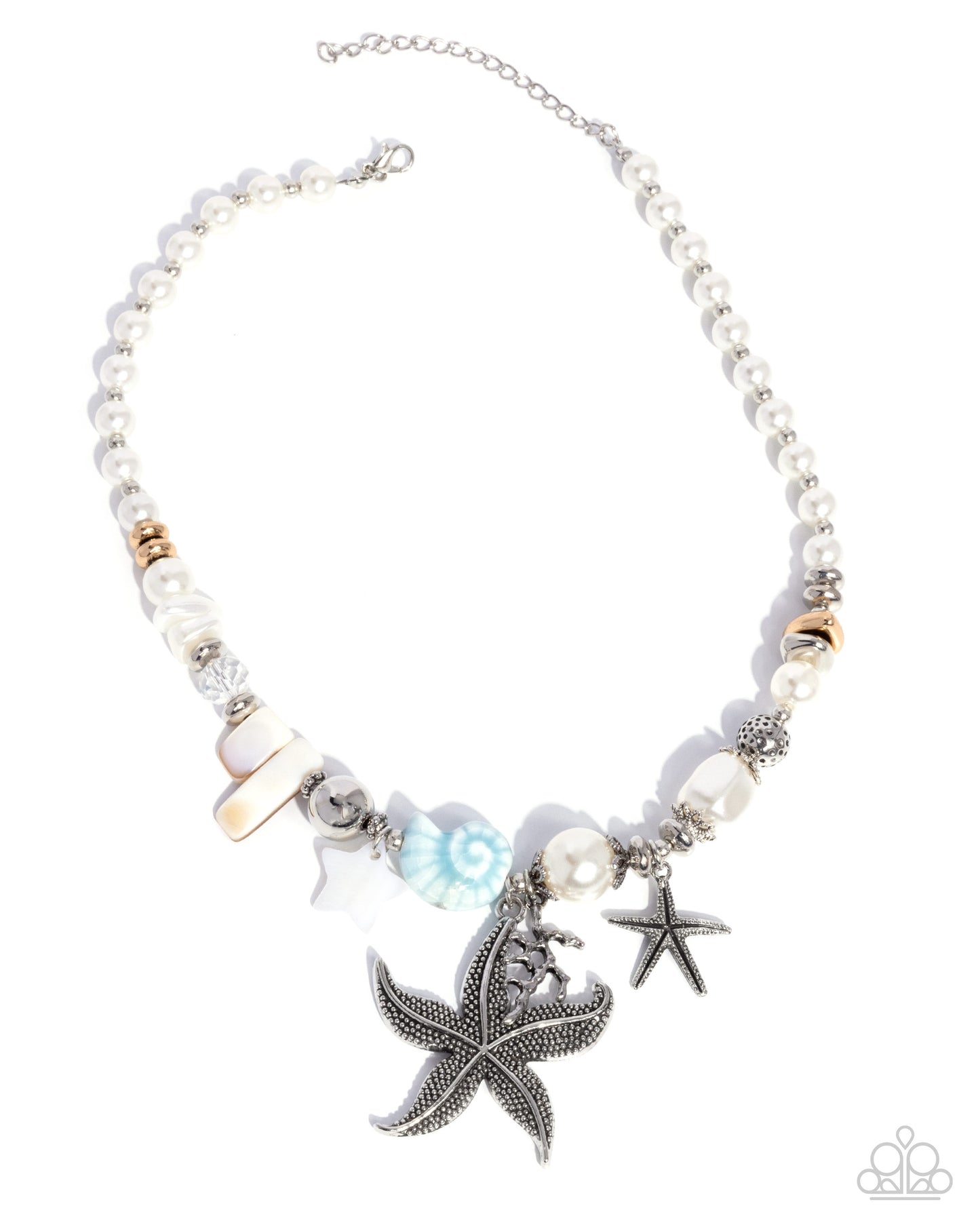 Coastal Cameo - Blue/Silver Ocean-Themed Charms, White Pearls Paparazzi Necklace & matching earrings