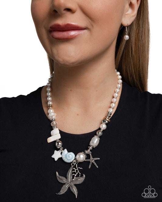 Coastal Cameo - Blue/Silver Ocean-Themed Charms, White Pearls Paparazzi Necklace & matching earrings