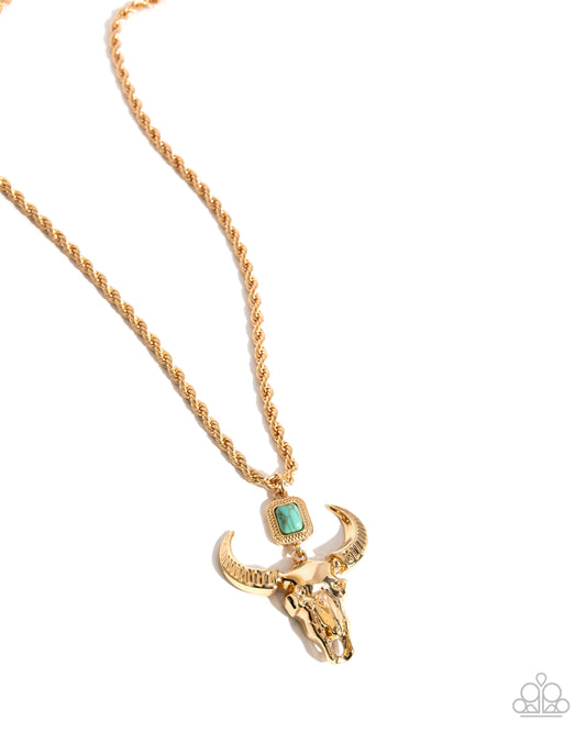 Longhorn Leisure - Gold Rope Chain/Gold Longhorn Skull Pendant Paparazzi Necklace & matching earrings