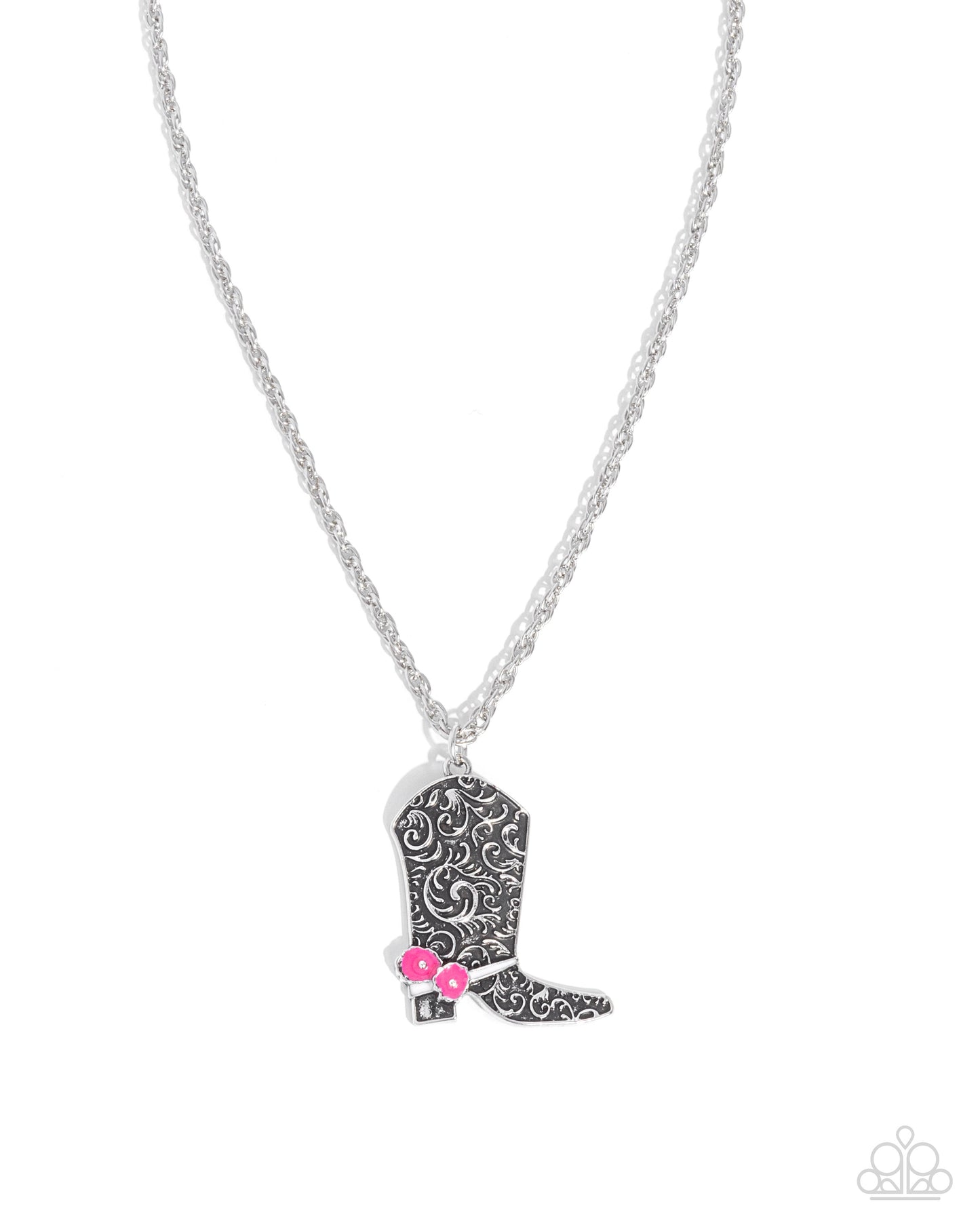 Blazing Boot - Pink Flower Accent/Silver Cowboy Boot Pendant Paparazzi Necklace & matching earrings