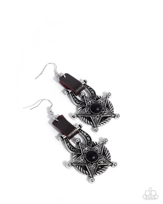 Western Warden - Black Stone/Silver Sheriff's Star Pendant/Brown Leather Paparazzi Earrings