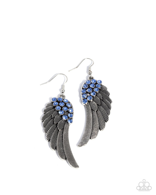 Angelic Abundance - Blue Rhinestones & Textured Silver Angel Wing Paparazzi Earrings