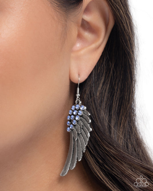 Angelic Abundance - Blue Rhinestones & Textured Silver Angel Wing Paparazzi Earrings