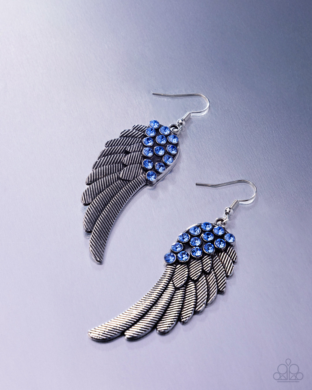 Angelic Abundance - Blue Rhinestones & Textured Silver Angel Wing Paparazzi Earrings