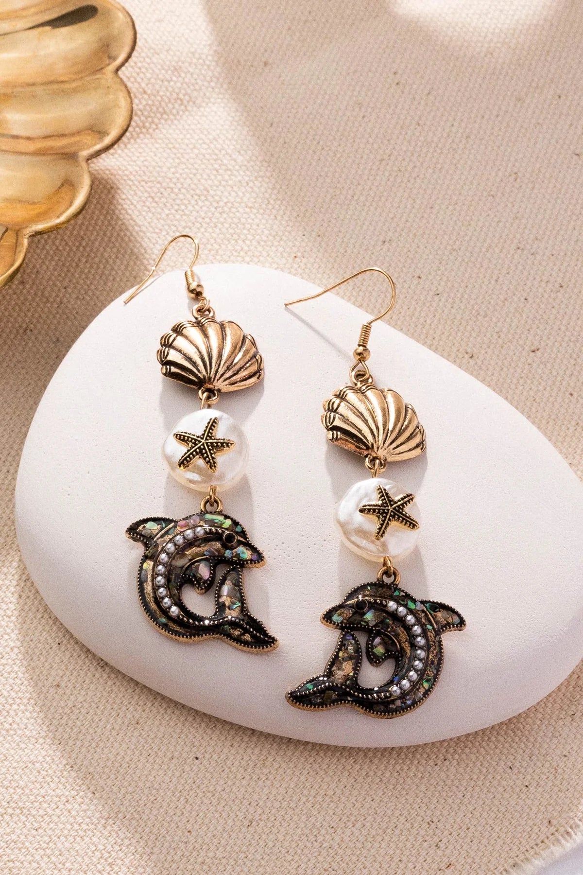 Delightful Dolphin - Gold Seashell, Baroque White Pearl/Starfish, Embellished Dolphin Paparazzi Earrings