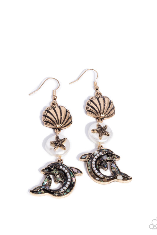 Delightful Dolphin - Gold Seashell, Baroque White Pearl/Starfish, Embellished Dolphin Paparazzi Earrings