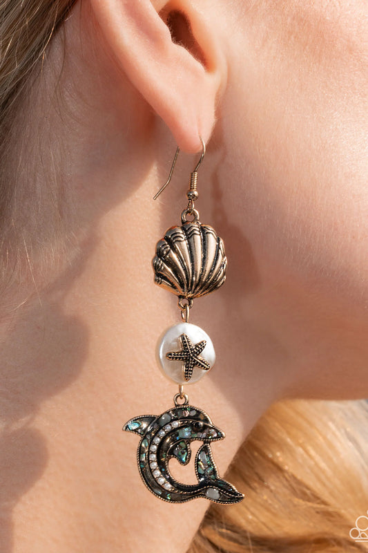 Delightful Dolphin - Gold Seashell, Baroque White Pearl/Starfish, Embellished Dolphin Paparazzi Earrings