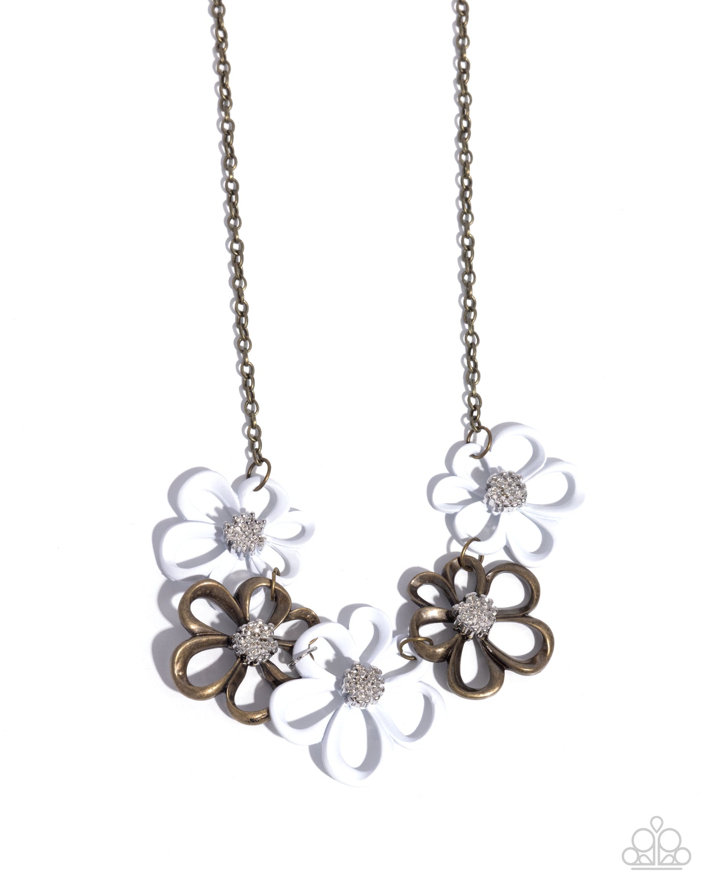 Beau Bouquet - Brass/Matte White Oversized Floral Frames Paparazzi Necklace & matching earrings
