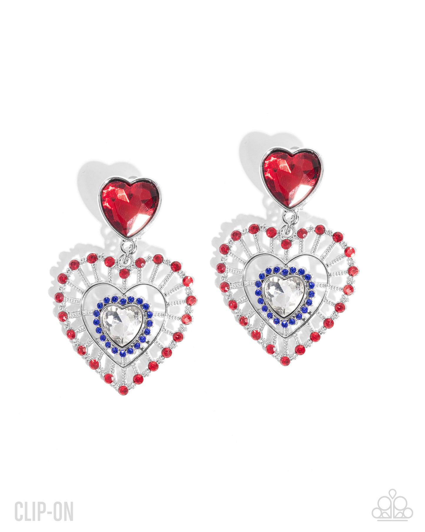Patriotic Pattern - Multicolored Rhinestone Heart Paparazzi CLIP-ON Earrings