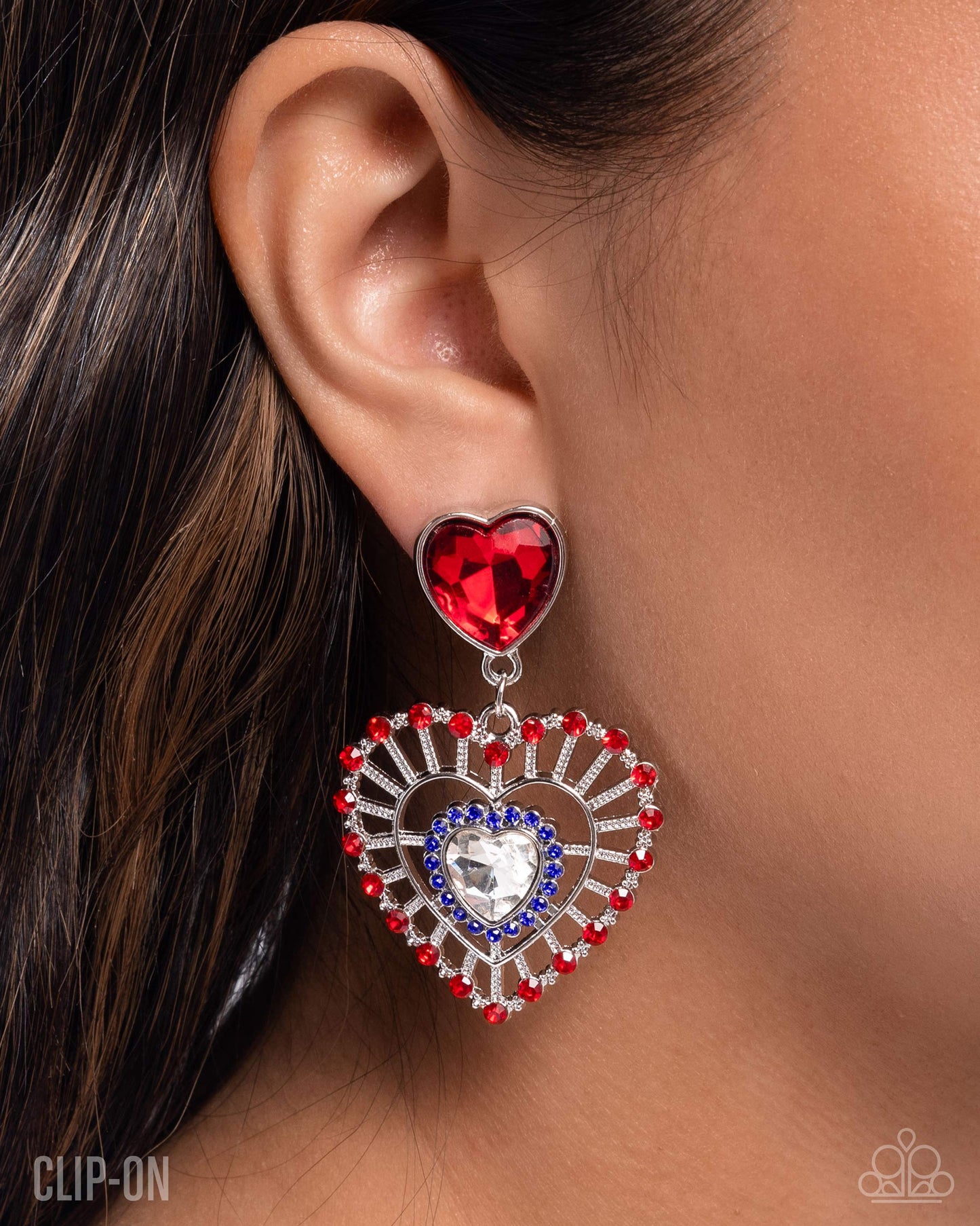 Patriotic Pattern - Multicolored Rhinestone Heart Paparazzi CLIP-ON Earrings