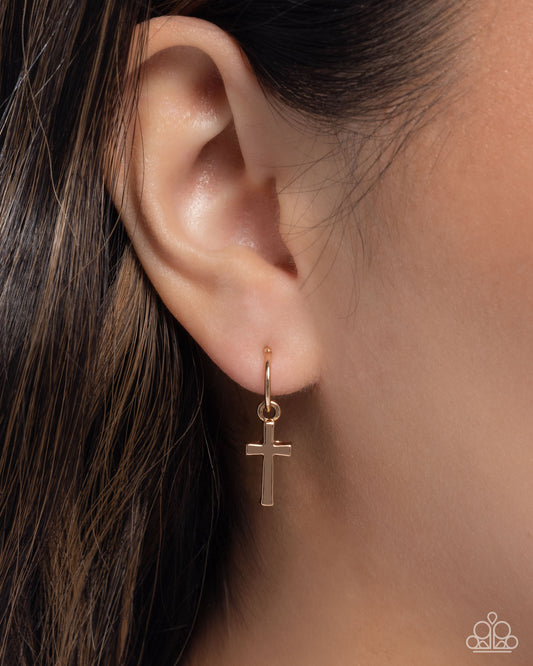 Daily Divinity - Gold Cross Charm & Gold Dainty Hoop Paparazzi Earrings