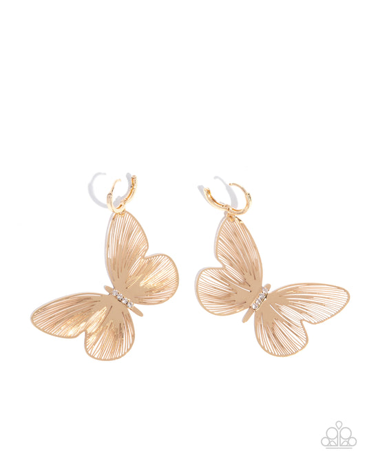 Fluttering Folk - Gold & White Rhinestone Butterfly Paparazzi Hoop Earrings
