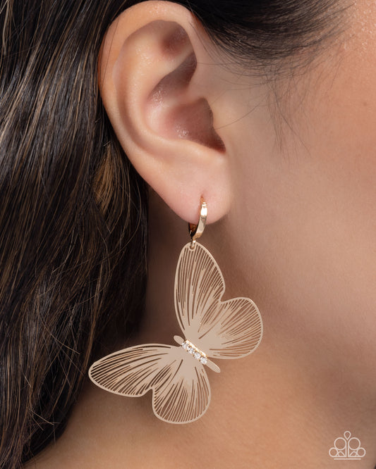 Fluttering Folk - Gold & White Rhinestone Butterfly Paparazzi Hoop Earrings