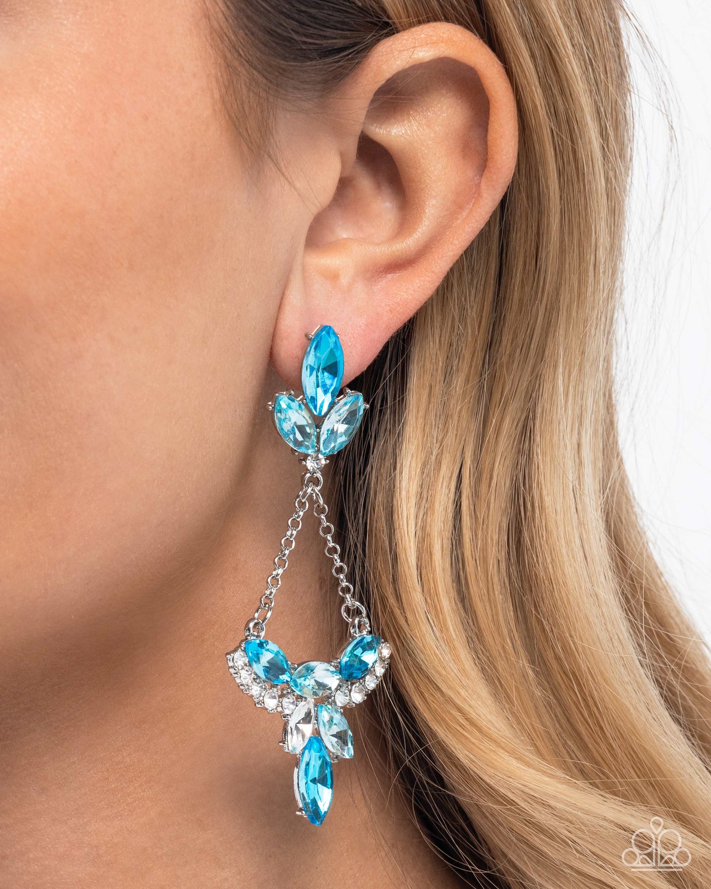 Carefree Chandelier - Blue & White Rhinestone Paparazzi Chandelier Earrings