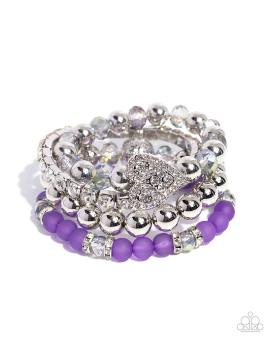 Poetically Plush - Purple/Silver Beads/White Rhinestones Set of 4 Paparazzi Stretch Bracelets