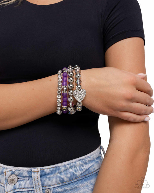 Poetically Plush - Purple/Silver Beads/White Rhinestones Set of 4 Paparazzi Stretch Bracelets