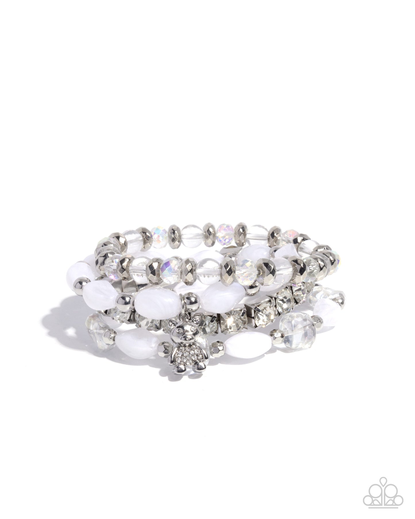 Bewitching Bear - White Rhinestones, Silver Beads, White Beads, & Silver Bear Charm Paparazzi Set of 4 Stretch Bracelets