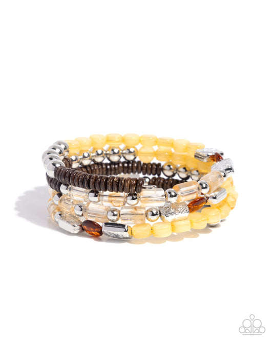 Eclectic Empire - Yellow, Silver, Wooden Beaded Paparazzi Coil Bracelet