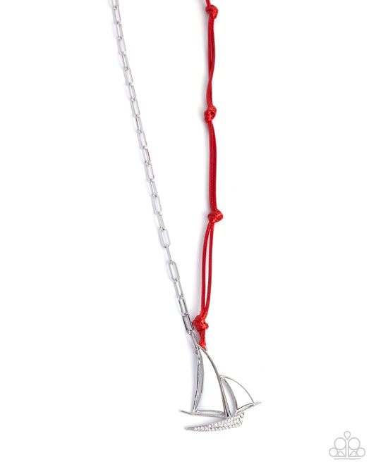 Sailboat Shimmer - Red Rope Cord/Silver Paperclip Chain/Silver Sailboat Pendant Paparazzi Necklace & matching earrings