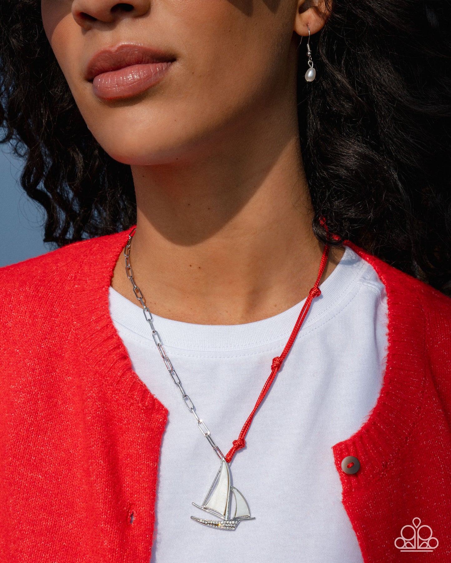 Sailboat Shimmer - Red Rope Cord/Silver Paperclip Chain/Silver Sailboat Pendant Paparazzi Necklace & matching earrings