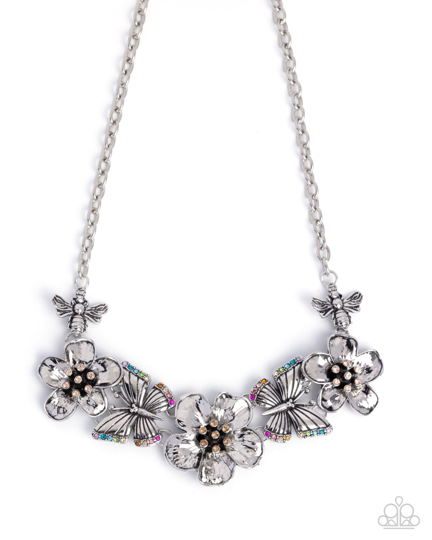 Soaring Song - Multicolored Rhinestone Embellished Flowers/Butterflies Paparazzi Necklace & matching earrings
