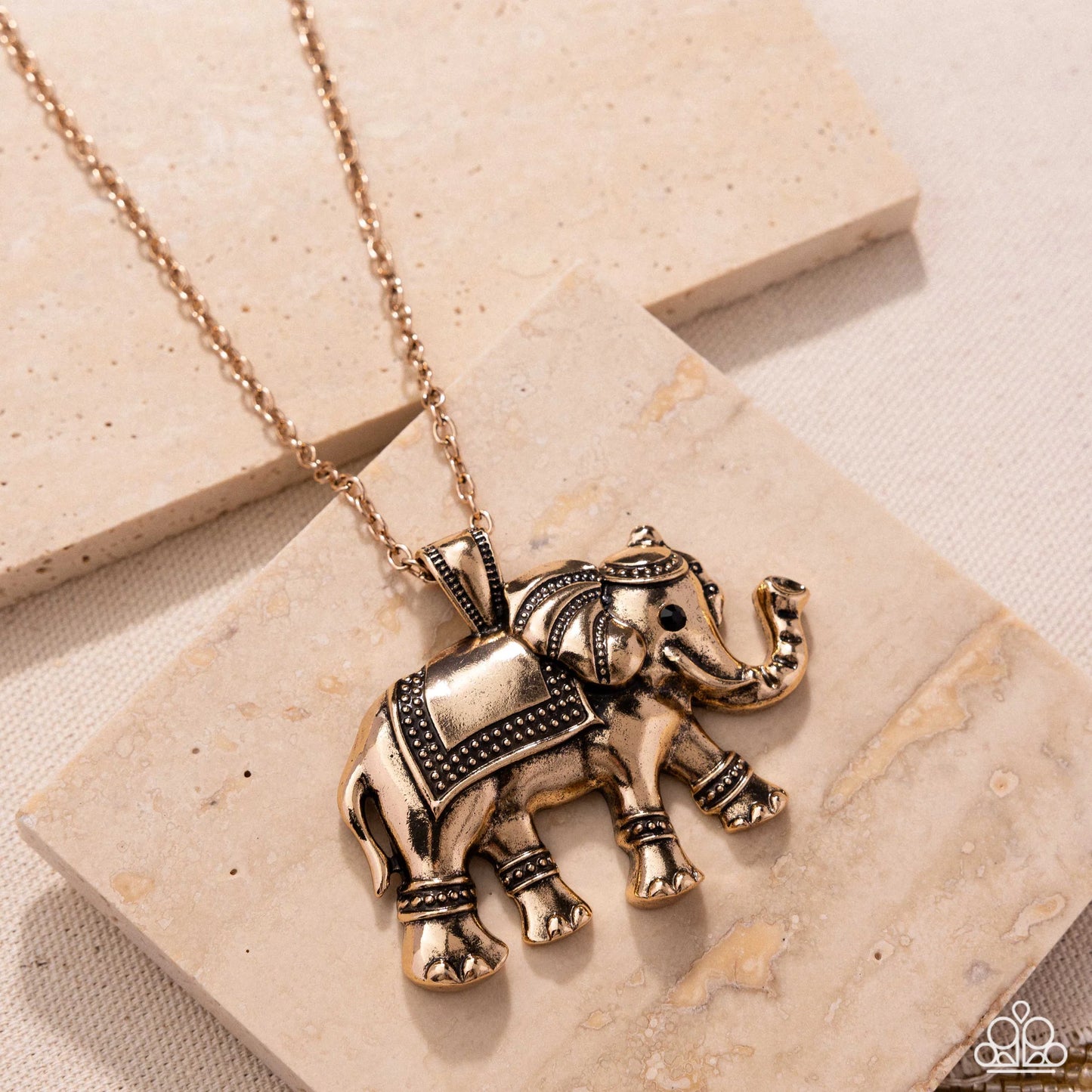 Elaborate Elephant - Gold Oversized Elephant Pendant Paparazzi Necklace & matching earrings