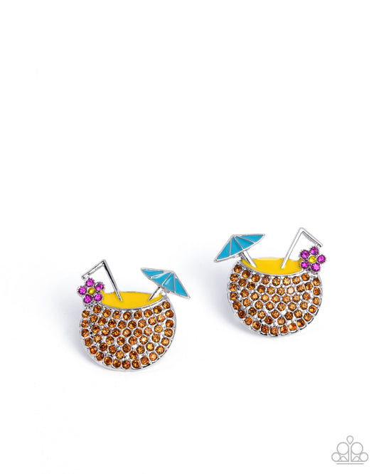 Vacation Mode - Multicolored Rhinestone Coconut Drink Paparazzi Post Earrings