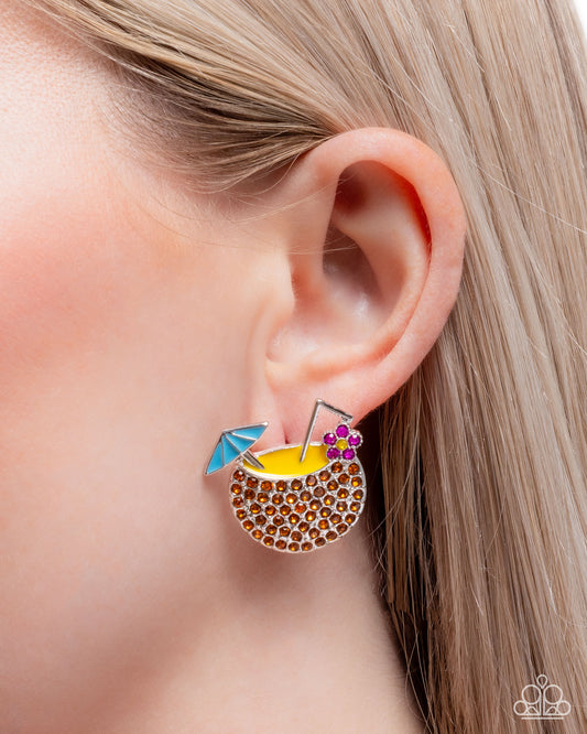 Vacation Mode - Multicolored Rhinestone Coconut Drink Paparazzi Post Earrings