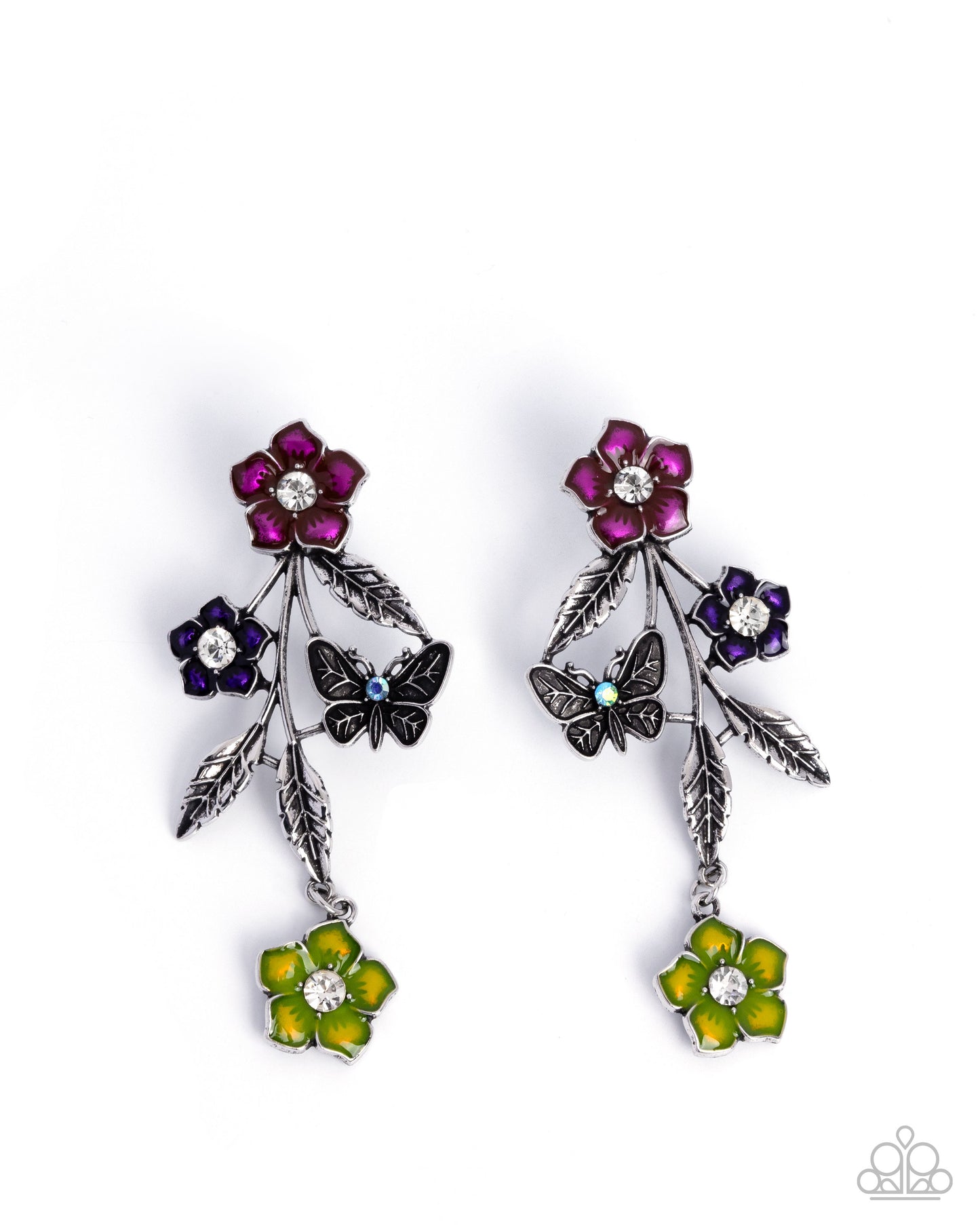 Whimsical Weekend - Multicolor Painted Silver Flowers/Silver Butterfly Paparazzi Earrings